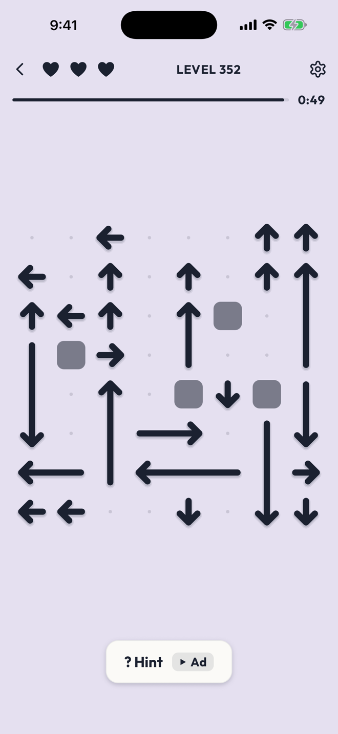 A 9 by 9 board of arrows and blocks, with a countdown at the top